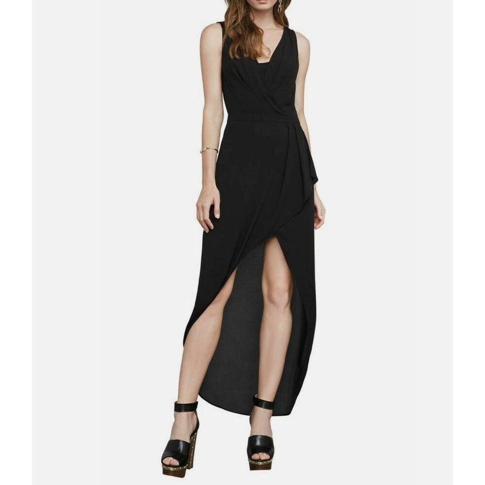 BCBGMaxAzria Womens 0 Black Tobyn Asymmetrical Draped Open Front Maxi Dress